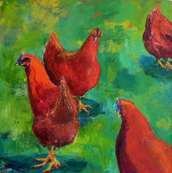Red Chickens, Oil Painting by Lydia Thomson