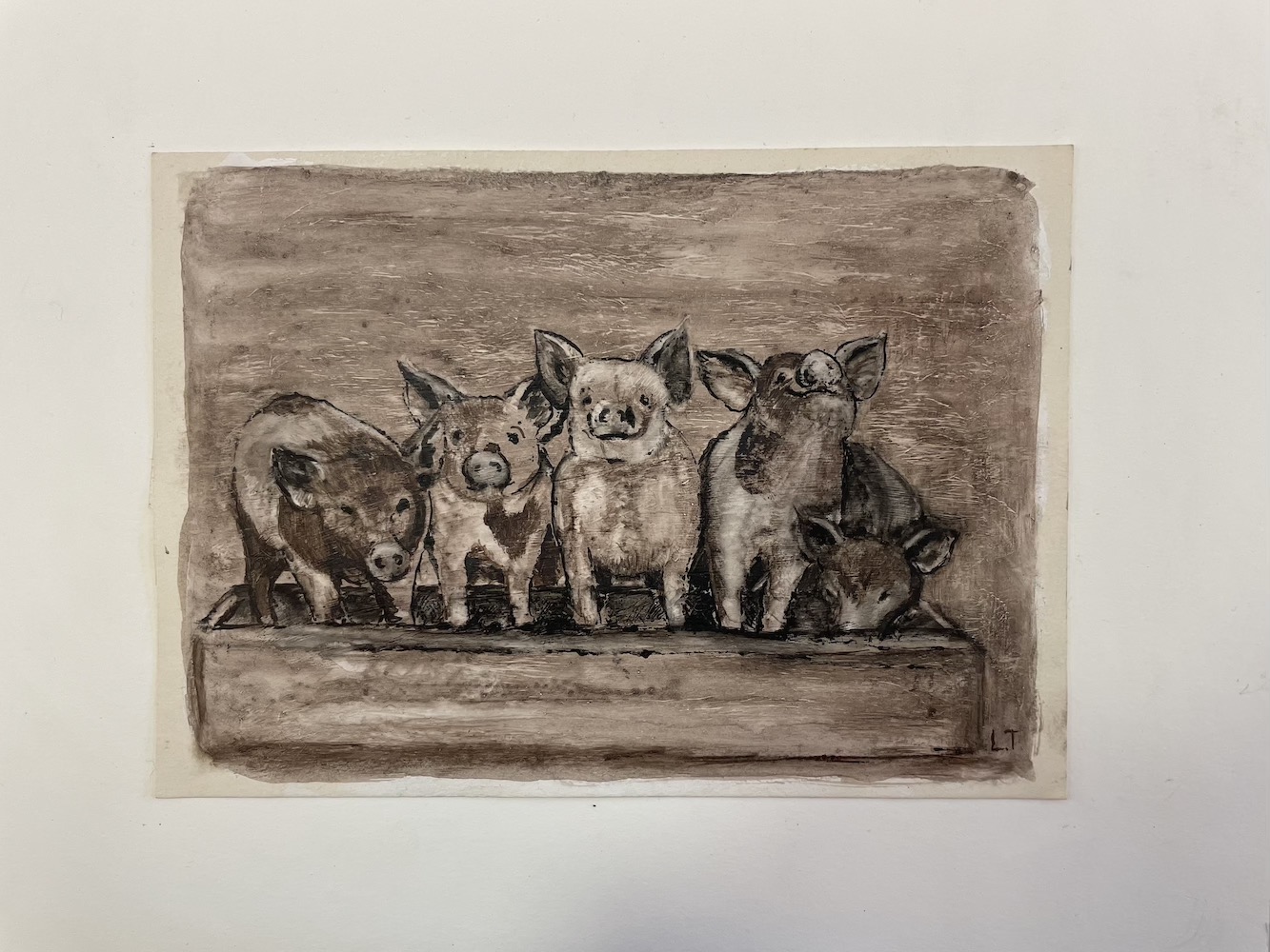 Pigs at a Trough, Walnut Ink Painting by Lydia Thomson