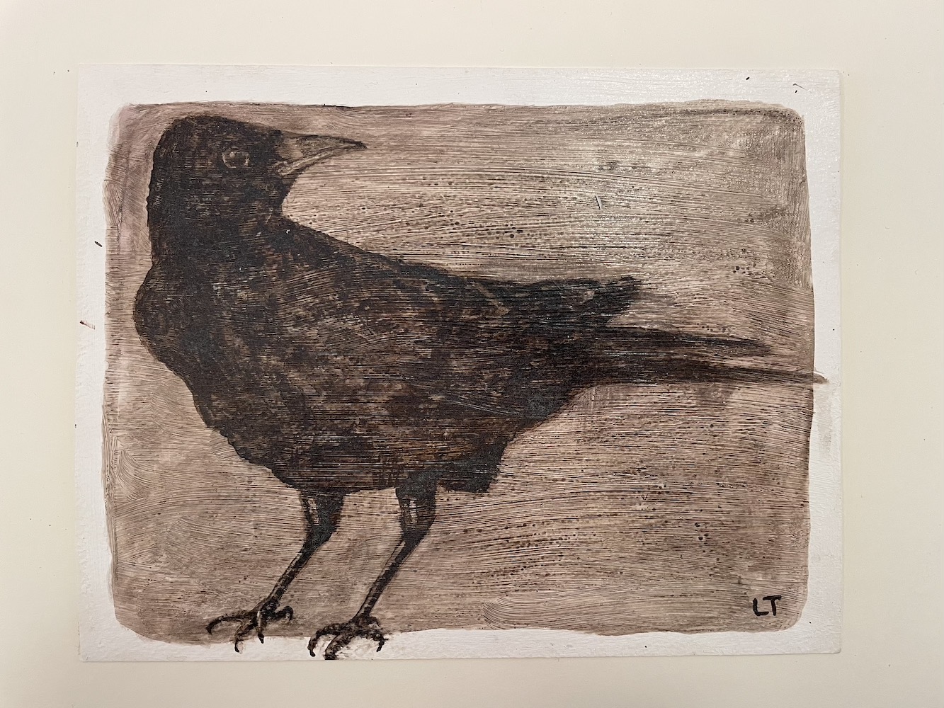 Crow Looking Back, no.3, Walnut Ink Painting by Lydia Thomson