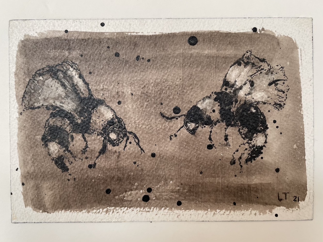 Dancing Bees, India Ink Transfer and Walnut Ink Painting by Lydia Thomson