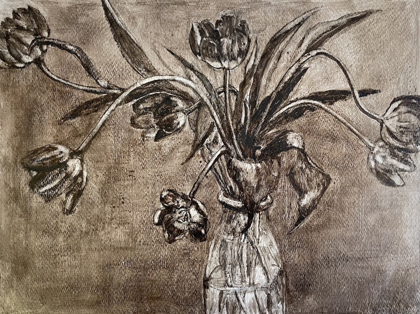 Cait's Tulips, Walnut Ink Painting by Lydia Thomson